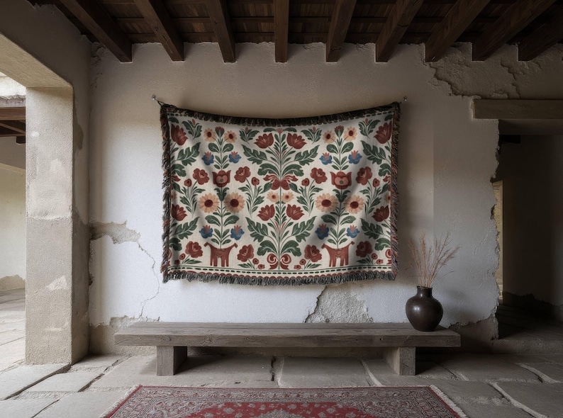 Swedish Folk Art Blanket, Woven Cottagecore Decor Throw, Scandinavian Floral Tapestry, Nursery Gift Animal Figures & Floral Motifs, image 6