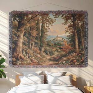 Enchanted Forest Castle Woven Blanket - Fairytale Home Decor, European Folklore Tapestry Throw, Artistic Gift for Fantasy Lovers, Romantic