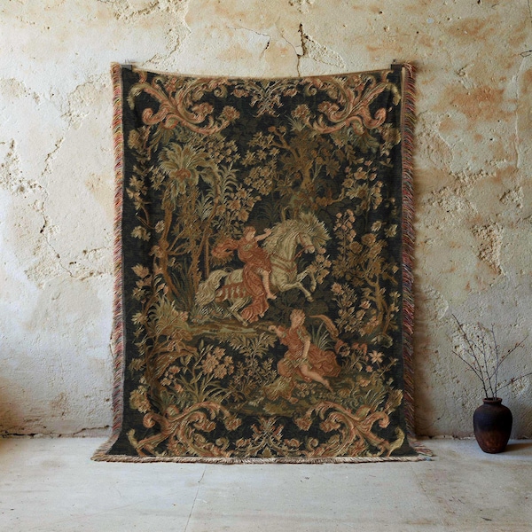 Antique Rococo Style Pastoral Tapestry Woven Blanket | Dark Academia & French Country Decor | 18th Century Art Throw, Wall Hanging