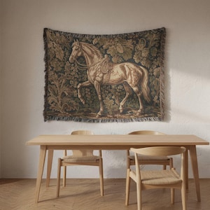 Medieval Horse Tapestry Wall Art | Jacquard Woven Blanket | Vintage Equestrian Grandmillennial Decor | Dark Academia Art Throw