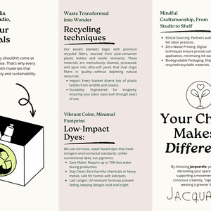 May include: A graphic design with the text "Why Our Materials Matter" and a drawing of a box with recycled plastic bottles inside. The text "Waste Transformed into Wonder" and "Recycling Techniques" is also included. The text "Mindful Craftsmanship, From Studio to Shelf" is also included. The text "Your Choice Makes a Difference" is also included. The text "By choosing Jacquardia, you're not just decorating your space-you're supporting a movement toward conscious creativity. Together, we're weaving a greener future. JACQUARDIA" is also included.