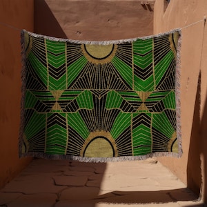 Art Deco Geometric Woven Blanket | Gold Green Black Throw | Luxury Vintage Inspired Home Decor | 1920s Style Tapestry