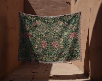 Arazzo intrecciato in stile William Morris, coperta floreale Dark Academia, arazzo da parete Art Nouveau, arredamento Grandmillennial