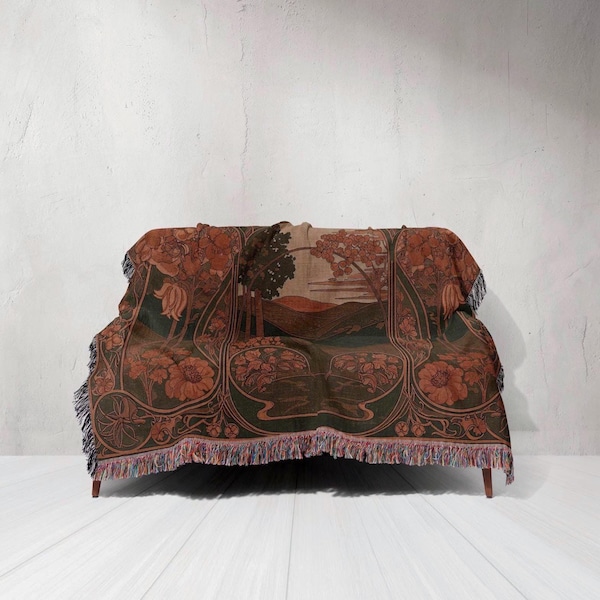 Manta tejida Art Nouveau, tapiz vintage de jacquard floral, decoración del hogar inspirada en la naturaleza, tapiz bohemio.
