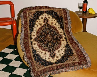 Manta con medallón persa antiguo, hecha en EE. UU., tapiz oriental tejido, decoración Dark Academia, manta bohemia vintage