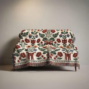 Swedish Folk Art Blanket, Woven Cottagecore Decor Throw, Scandinavian Floral Tapestry, Nursery Gift Animal Figures & Floral Motifs, image 2