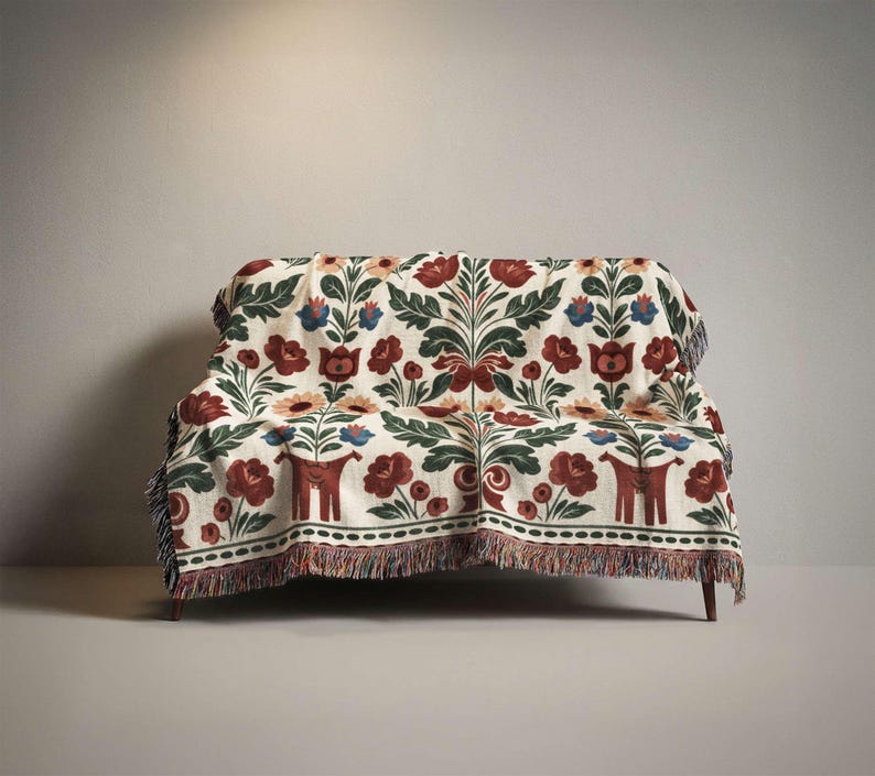 Swedish Folk Art Blanket, Woven Cottagecore Decor Throw, Scandinavian Floral Tapestry, Nursery Gift Animal Figures & Floral Motifs, image 2