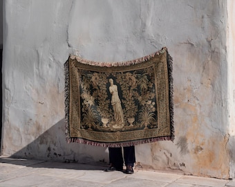 Classical Venus Woven Tapestry Wall Art | Botanical Jacquard Blanket | Dark Academia Decor