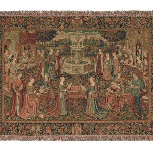 Woven Blanket, &#39;Courtly Garden&#39; Tapestry Inspired Throw, Medieval Art Jacquard Bedspread, Renaissance Gothic Home Decor, Historical Art
