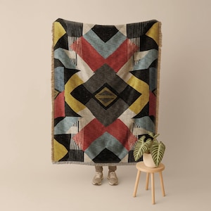 Abstract Bauhaus Inspired Woven Throw Blanket | Art Deco Geometric Tapestry | Abstract Bauhaus Style Cotton Throw for Sofa or Wall Hanging