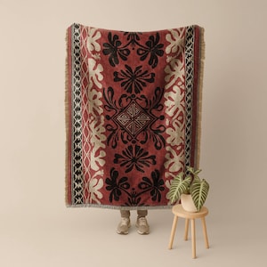 Woven Throw Blanket in Red and Black, Boho Folk Art Statement Blanket for Couch, Large Cotton Tapestry Throw, Unique Housewarming Gift, Folk