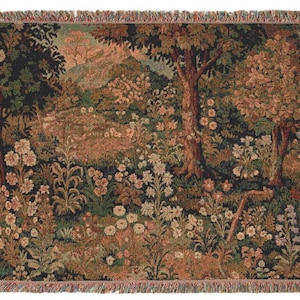 Verdure Tapestry Woven Blanket, European Forest Botanical Throw, Medieval Renaissance Sofa Cover Art Home Decor, Nature Lover Gift, Bed