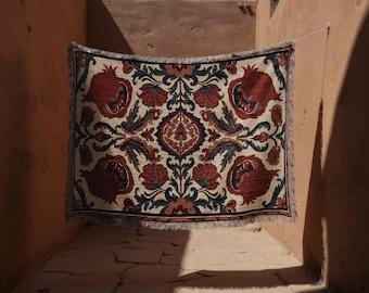 Pomegranate Damask Tapestry | Woven Botanical Throw | Ottoman Folk Art Decor | Large Wall Hanging