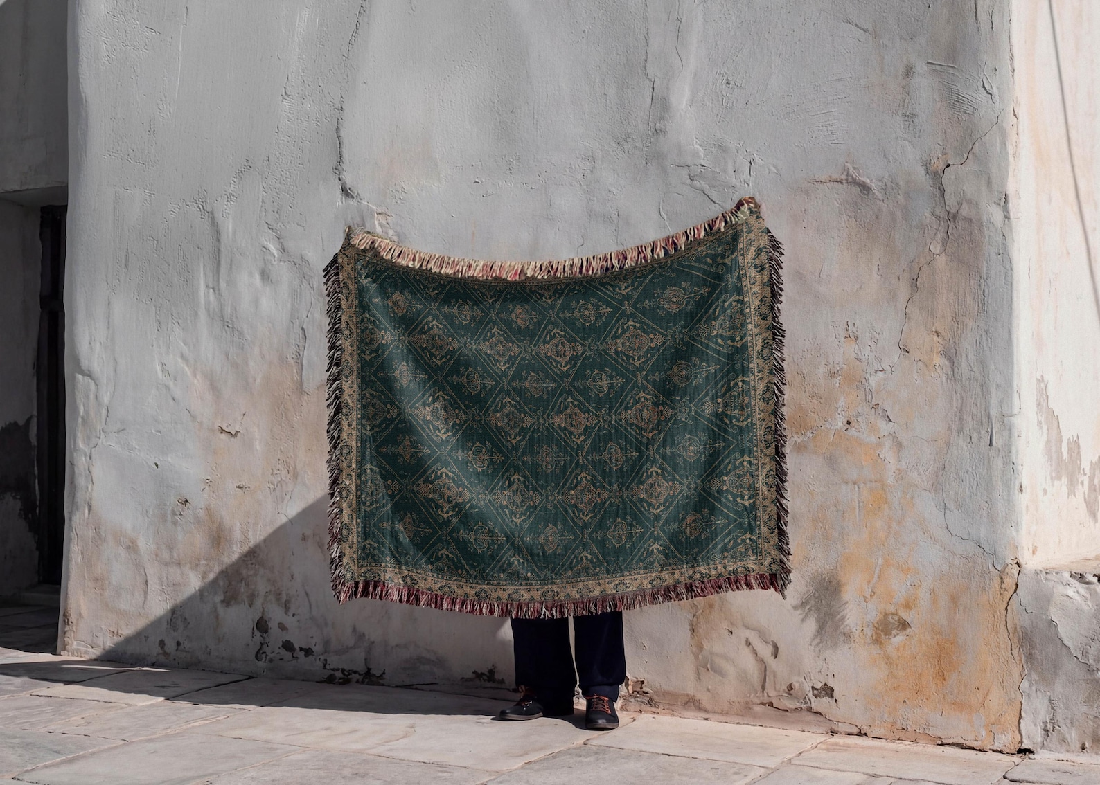 Teal Geometric Woven Blanket | Oriental Persian Style Throw | Vintage Boho Decor, Dark Academia, Vintage Tapestry Throw, Jacquard Wall Art - 80" × 60"