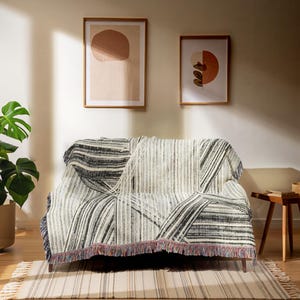 Geometric Woven Blanket, Modern Abstract Art Throw, Black White Minimalist Jacquard, Cozy Couch Bed Stylish Housewarming Gift, Geometric