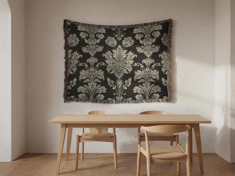 Damastfilt, Regencycore-dekor, antracitgrå vävd gobeläng, sofföverdrag i traditionellt vintagemönster, barock Bridgerton-stil bild 3