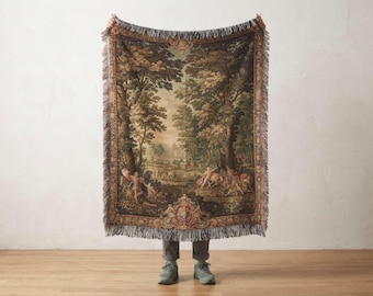 French Country Wall Hanging, Vintage Castle Blanket, Hunting Scene Tapestry, Old Money Aesthetic, 100% Cotton Jacquard