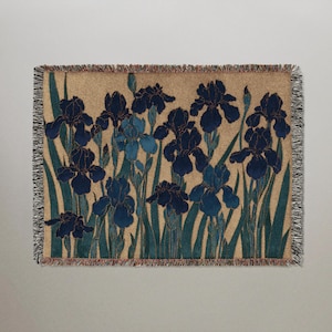 Blaue Iris botanische gewebte Tapisserie, Jugendstil Marine Gold Wandkunst