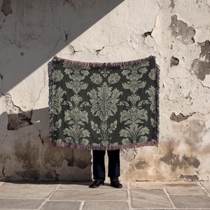 Damastfilt, Regencycore-dekor, antracitgrå vävd gobeläng, sofföverdrag i traditionellt vintagemönster, barock Bridgerton-stil bild 6