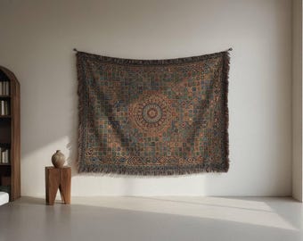 Byzantine Mosaic Woven Tapestry Blanket, Artistic Medieval Tapestry Style