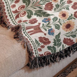 Swedish Folk Art Blanket, Woven Cottagecore Decor Throw, Scandinavian Floral Tapestry, Nursery Gift Animal Figures & Floral Motifs, image 5