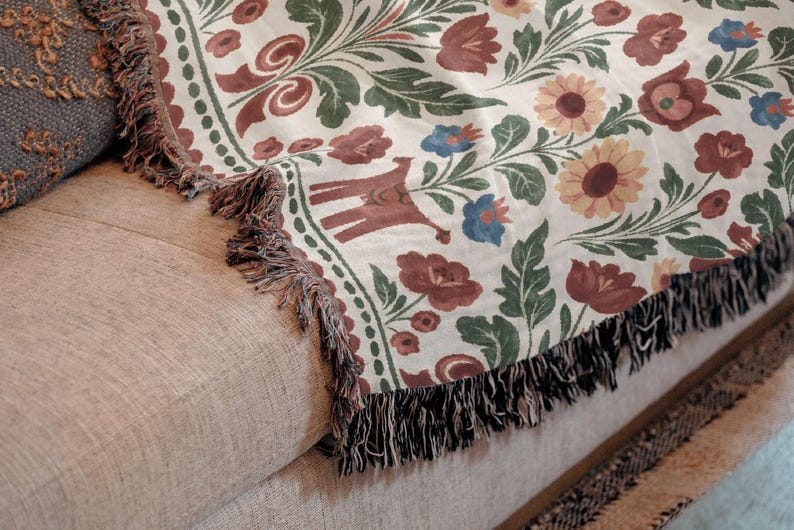 Swedish Folk Art Blanket, Woven Cottagecore Decor Throw, Scandinavian Floral Tapestry, Nursery Gift Animal Figures & Floral Motifs, image 5