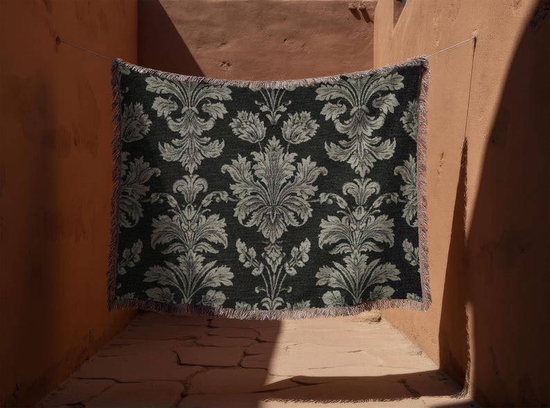 Damastfilt, Regencycore-dekor, antracitgrå vävd gobeläng, sofföverdrag i traditionellt vintagemönster, barock Bridgerton-stil bild 2