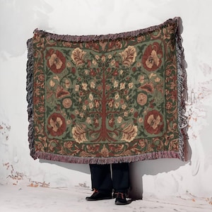 Jacquard Woven Blanket, Tree of Life Botanical Design, Arts and Crafts Inspired Throw, William Morris Floral Tapestry, Sage Green Terracotta
