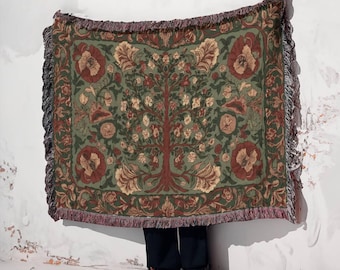 Jacquard Woven Blanket, Tree of Life Botanical Design, Arts and Crafts Inspired Throw, William Morris Floral Tapestry, Sage Green Terracotta