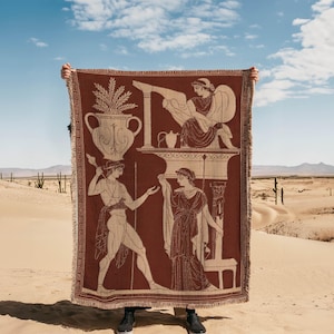 Tapiz de cerámica griega con figuras rojas / Manta de terracota tejida / Arte mural de la academia oscura / Decoración de historia clásica
