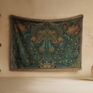 Art Nouveau Peacock Woven Blanket, Jacquard Tapestry Throw, Bohemian Home Decor Gift, Art Lover Housewarming, Deep Green Blue Orange Floral