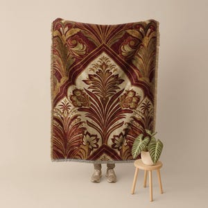 Vintage Damask Woven Blanket | Neoclassical Art Tapestry Throw | Burgundy Gold Victorian Throw, Grandmillennial Decor, Art Nouveau Tapestry