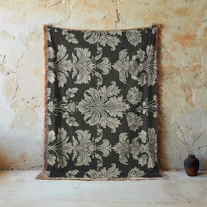 Damastfilt, Regencycore-dekor, antracitgrå vävd gobeläng, sofföverdrag i traditionellt vintagemönster, barock Bridgerton-stil bild 8