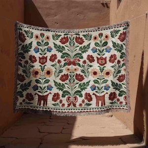 Swedish Folk Art Blanket, Woven Cottagecore Decor Throw, Scandinavian Floral Tapestry, Nursery Gift Animal Figures & Floral Motifs, image 1