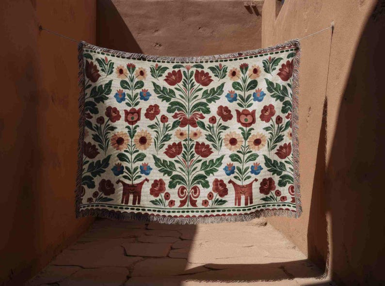 Swedish Folk Art Blanket, Woven Cottagecore Decor Throw, Scandinavian Floral Tapestry, Nursery Gift Animal Figures & Floral Motifs, image 1