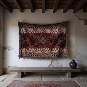 Terracotta Folk Art Tapestry | Woven Geometric Throw | Southwestern Boho Decor | Rustic Home Gift