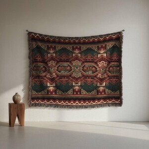 Andean Folk Art Woven Blanket | Peruvian Textile Throw, Geometric Ethnic Tapestry, Red Black Inca Inspired Decor, Bohemian Sofa Cover