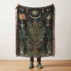 Vintage Alchemy Star Moon Boho Astrology Sun Moon Tapestry, Tree of Life Throw, Whimsigoth Decor | Dark Academia Art