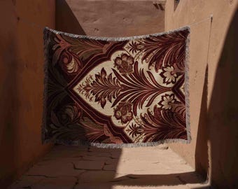 Burgundy Floral Damask Woven Cotton Throw | Art Nouveau Tapestry Decor