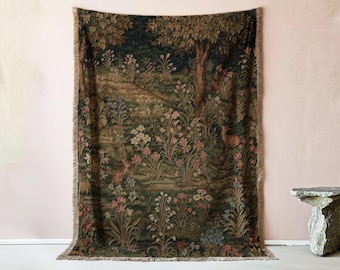 French Verdure Tapestry Blanket, Woodland Deer Scene Cotton Jacquard Throw, Vintage Forest Cottagecore Wall Art Decor, Nature Lover Gift
