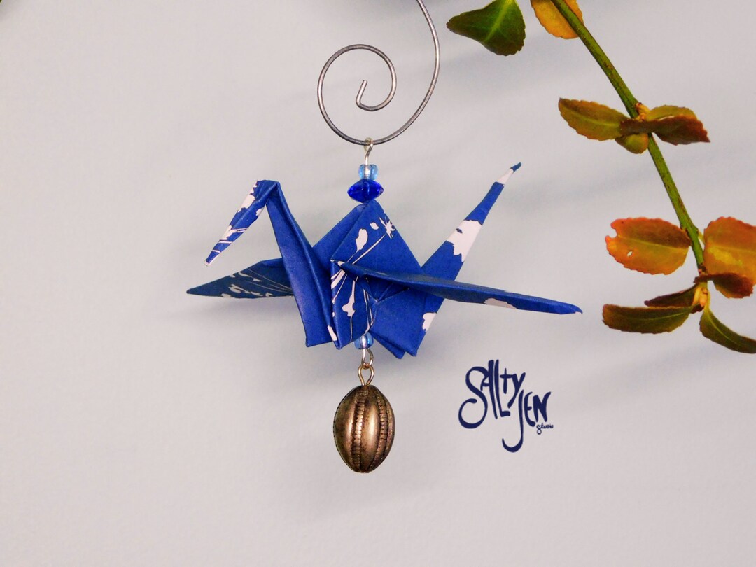 Beaded Origami Crane Ornament, Blue Paper Design, Hanging Ornament - Etsy