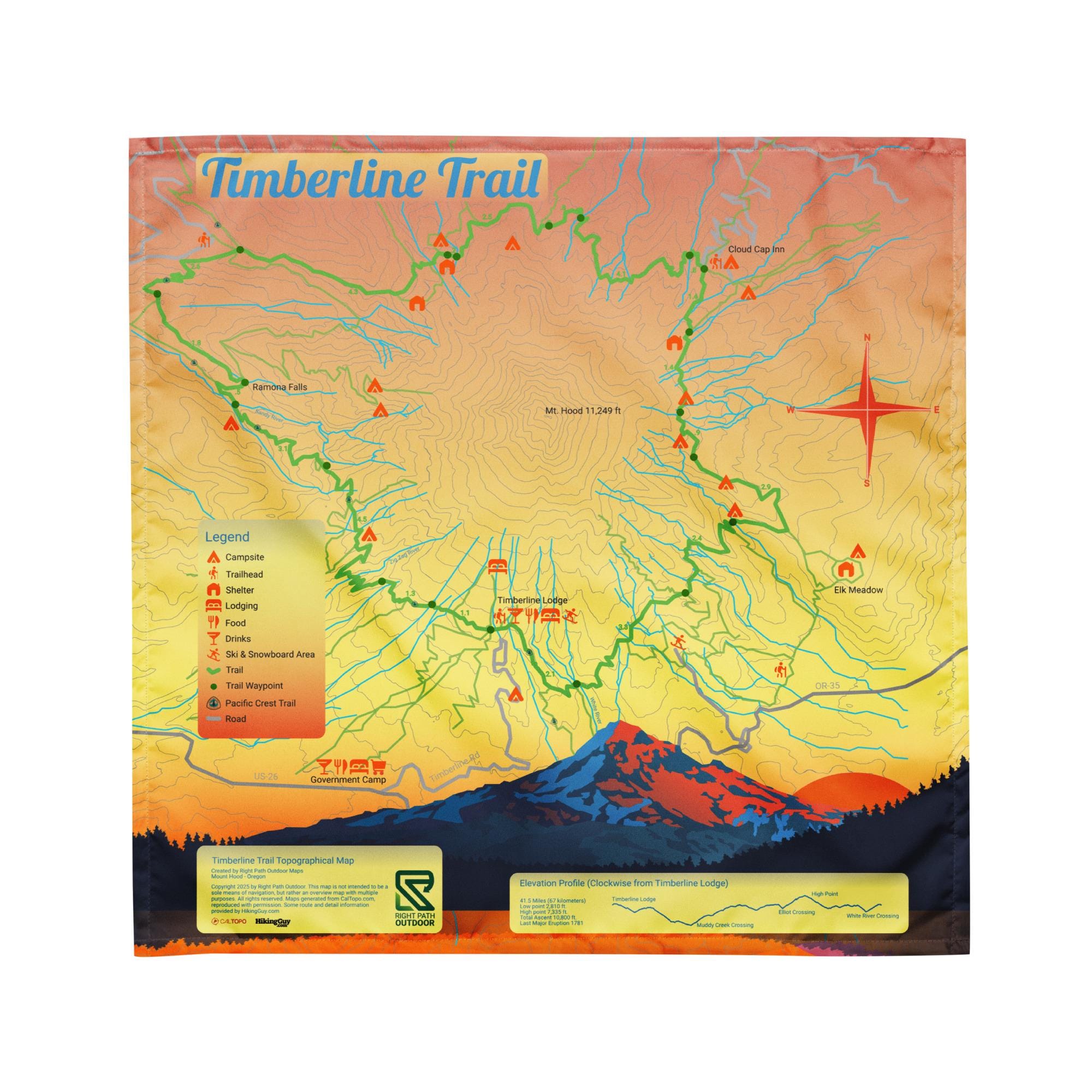 Timberline Ranch Map Mount Hood Timberline Trail Map Bandana – Hiking Accessory & Outdoor ...