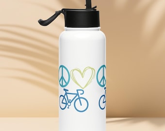 Peace Love Cycle Water Bottle – Stainless Steel Sports Flask, Biking Gift