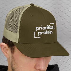 embroidered prioritize protein snapback hat funny gym fan cap fitness accessory protein lifestyle text trucker hat gift idea for him or her