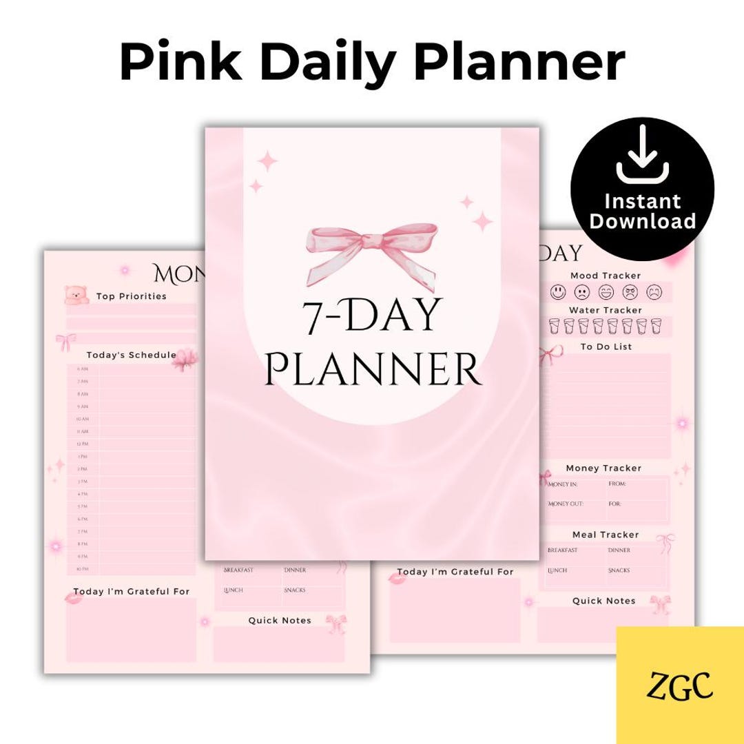 Pink Weekly Planner Printable | 7-day Organizer for Goals, Mood, Water ...