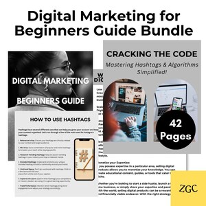 May include: A bundle of digital marketing guides. The cover of the "Digital Marketing for Beginners Guide" features a woman wearing glasses. The guide includes information on hashtags and cracking the code. The bundle has 42 pages.