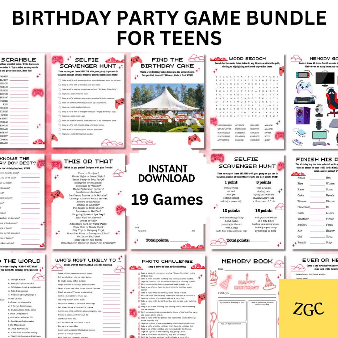 Teen Birthday Party Games Bundle, 19 Printable Games, Instant Download