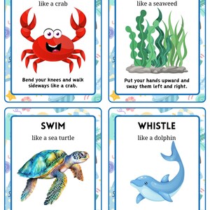 May include: Four educational cards with illustrations and instructions. The cards feature a red crab, green seaweed, a sea turtle, and a blue dolphin. Each card has a word at the top: WALK, SWAY, SWIM, and WHISTLE. The cards have blue borders and white backgrounds.