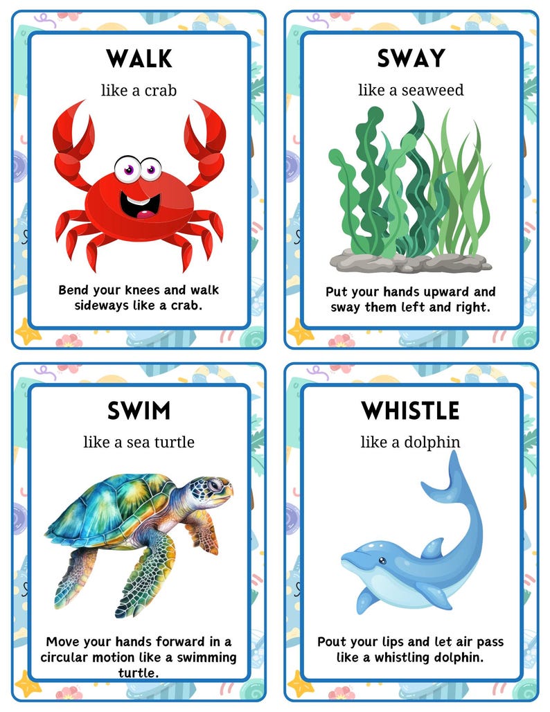 May include: Four educational cards with illustrations and instructions. The cards feature a red crab, green seaweed, a sea turtle, and a blue dolphin. Each card has a word at the top: WALK, SWAY, SWIM, and WHISTLE. The cards have blue borders and white backgrounds.