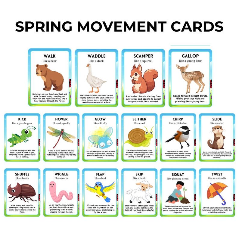 Spring Movement Cards | Kids Gross Motor Activity, Brain Break (Digital Download) image 3